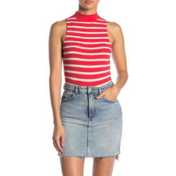 Abound Tops - Abound Sleeveless Mock Neck Striped Bodysuit